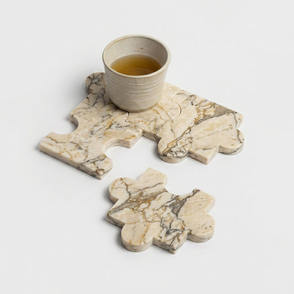 Three creamy soapstone coasters, interlocked like puzzle pieces, hold a small ceramic cup. A fourth piece rests separately below on a white background.