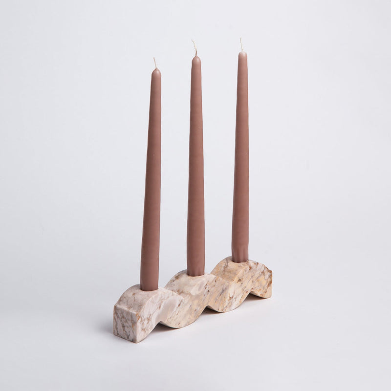 Wavy gemstone candelabra - Creamy Soapstone. A reversible, sculptural piece crafted from genuine semi-precious gemstones.