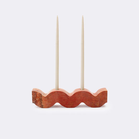 Wavy gemstone candelabra Jasper. Holds either 2 or 3 candles. Handcarved with stone carpentry techniques traditional to Perú and certified ethically hand-crafted by NEST.