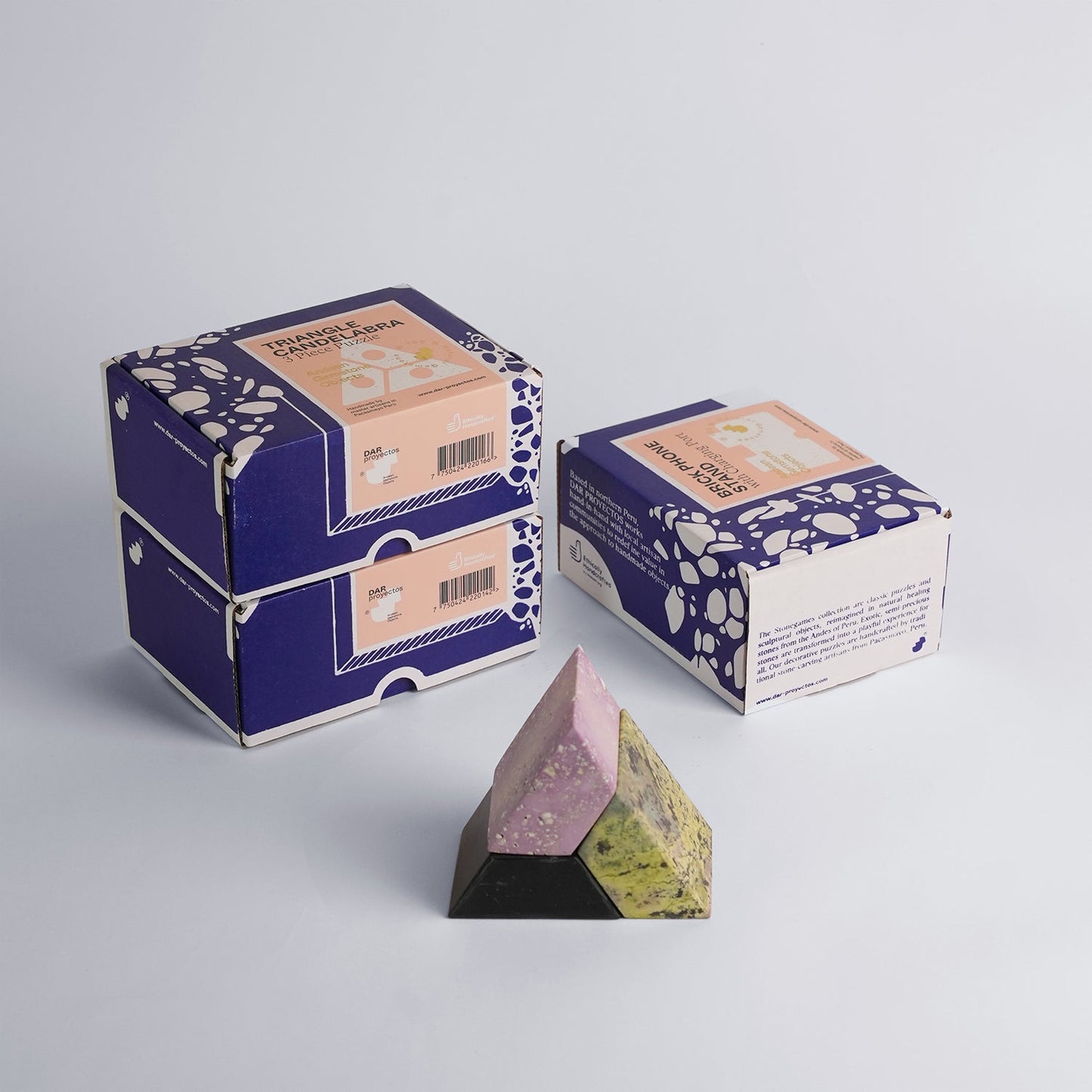 Triangle Gemstone puzzle / 3piece candelabra - Lila Black. The weight of the gemstones adds a grounding element to the table as you set your décor with intention.