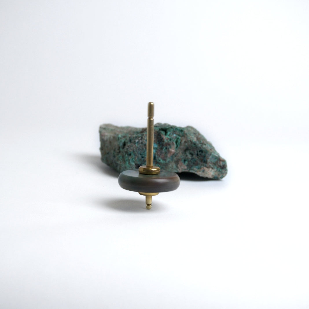 Kinetic Gemstone & Brass Spin Top | Sculptural Desk Object | Green Nefrite