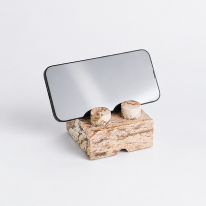 Creamy soapstone brick phone stand holder showcasing its smooth natural finish on a white background.