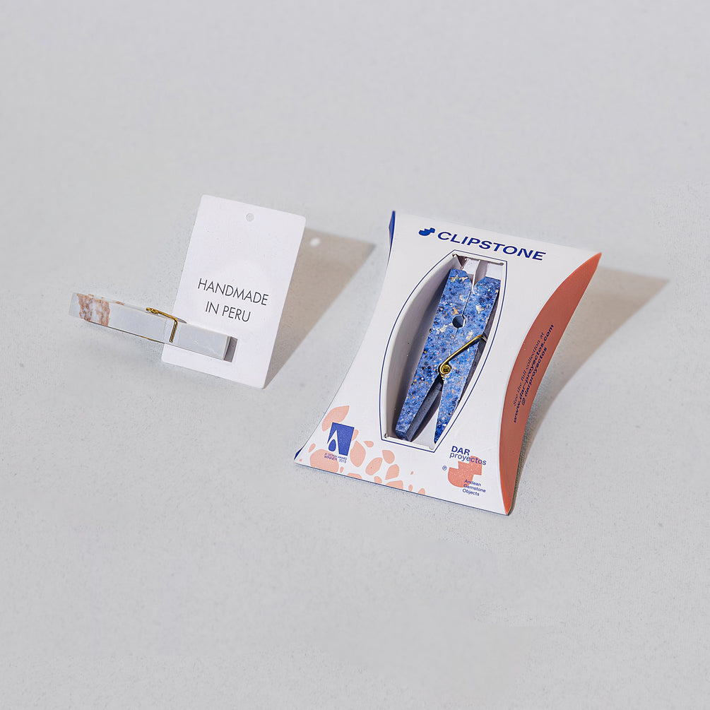 Blue gemstone laundry clip with packaging - entirely Handmade in Peru 