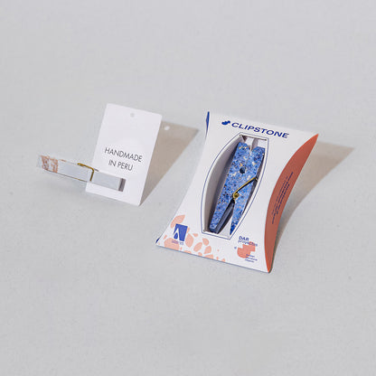 Blue gemstone laundry clip with packaging - entirely Handmade in Peru 