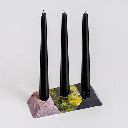 Triangle Gemstone puzzle / 3piece candelabra - Lila Black. This sculptural triangle puzzle has a hidden use as a candelabra
