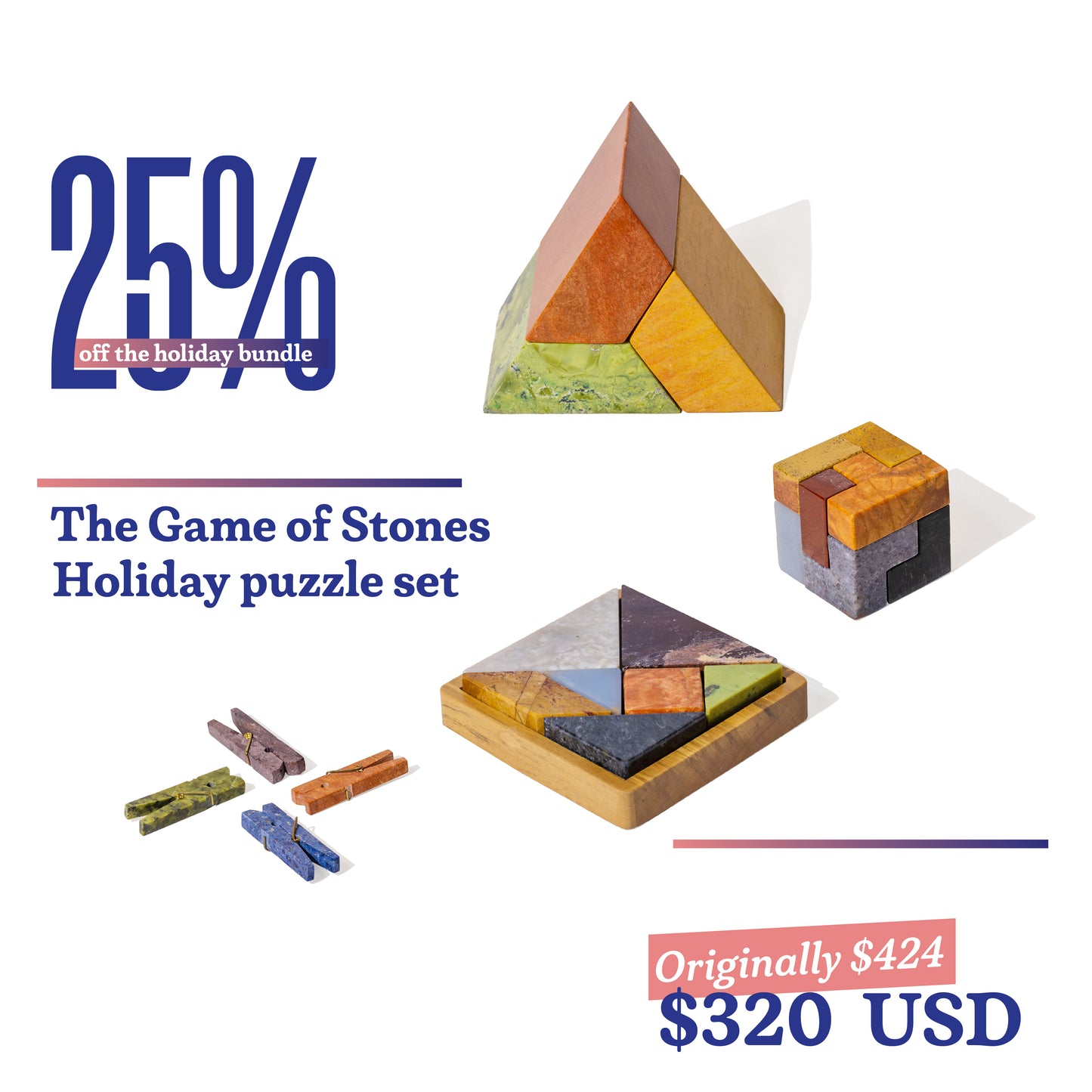 Game of stone set: Soma cube, Decorative Laundry clipstone, Tangram and Triangle puzzle.