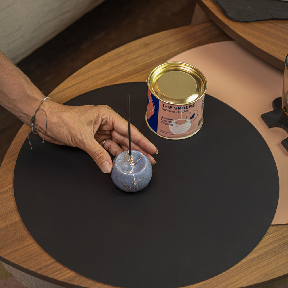 Celestina gemstone sphere incense holder bringing quiet luxury and calming energy to a sophisticated minimalist interior.