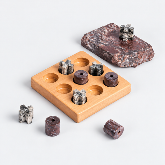 Handcrafted gemstone Tic Tac Toe puzzle game showcasing natural mineral textures on a white background.