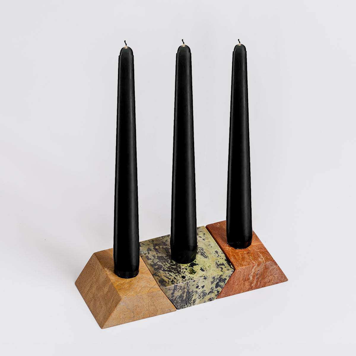 Triangle Gemstone puzzle  / 3piece candelabra Black onyx, Serpentine, Lila Fosfosiderita