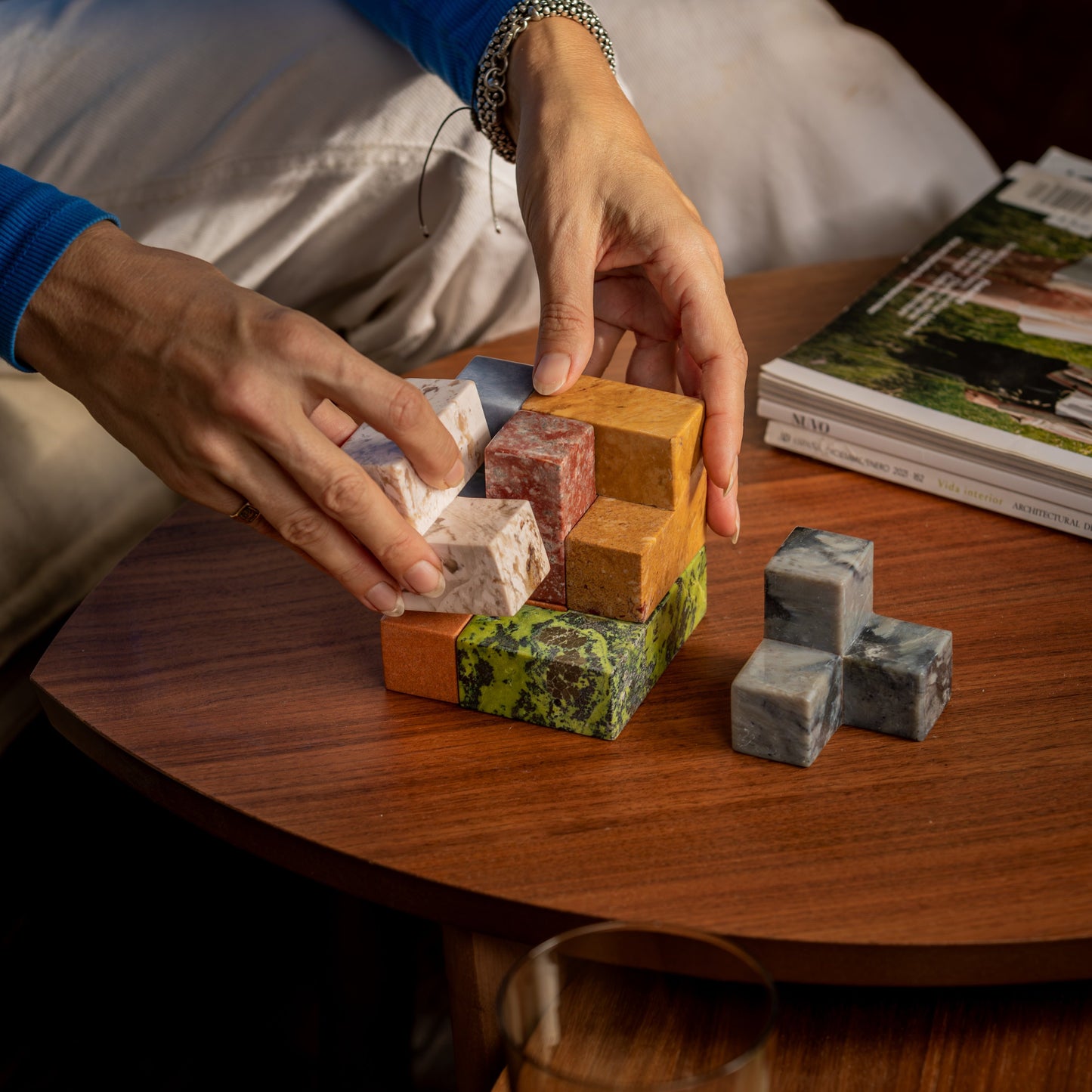 XL Gemstone Soma Cube Puzzle. A beautiful coffee table piece or sculptural object when not in use and the perfect gift for architects, artists, and others.
