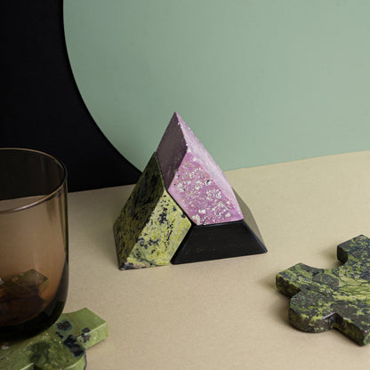 Multi-functional gemstone art: Triangle Puzzle and 3-piece candelabra in Lila Black.