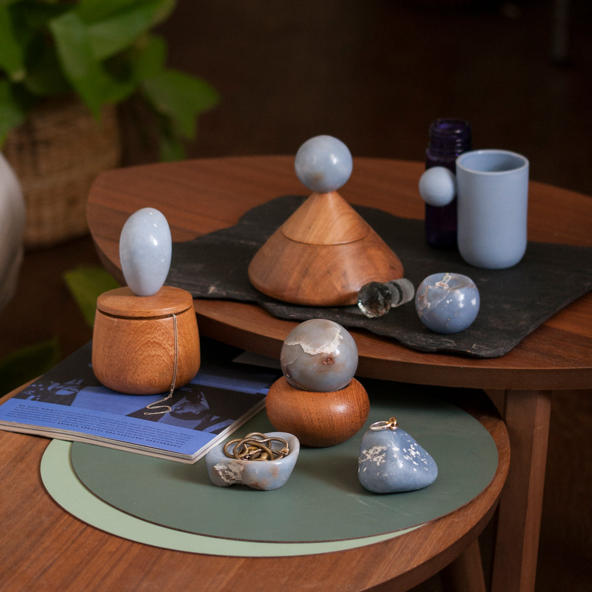 Angelite Sphere & Wood Jewel Box | Artisan Catchall