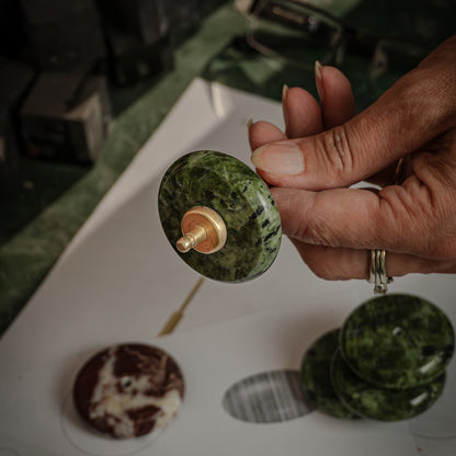 Kinetic Gemstone & Brass Spin Top | Sculptural Desk Object | Green Nefrite